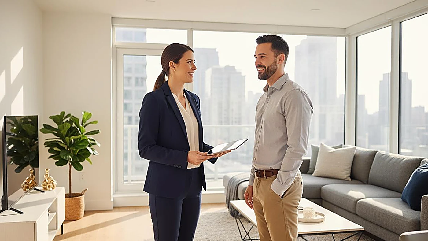 A property manager handing over keys after a signed lease