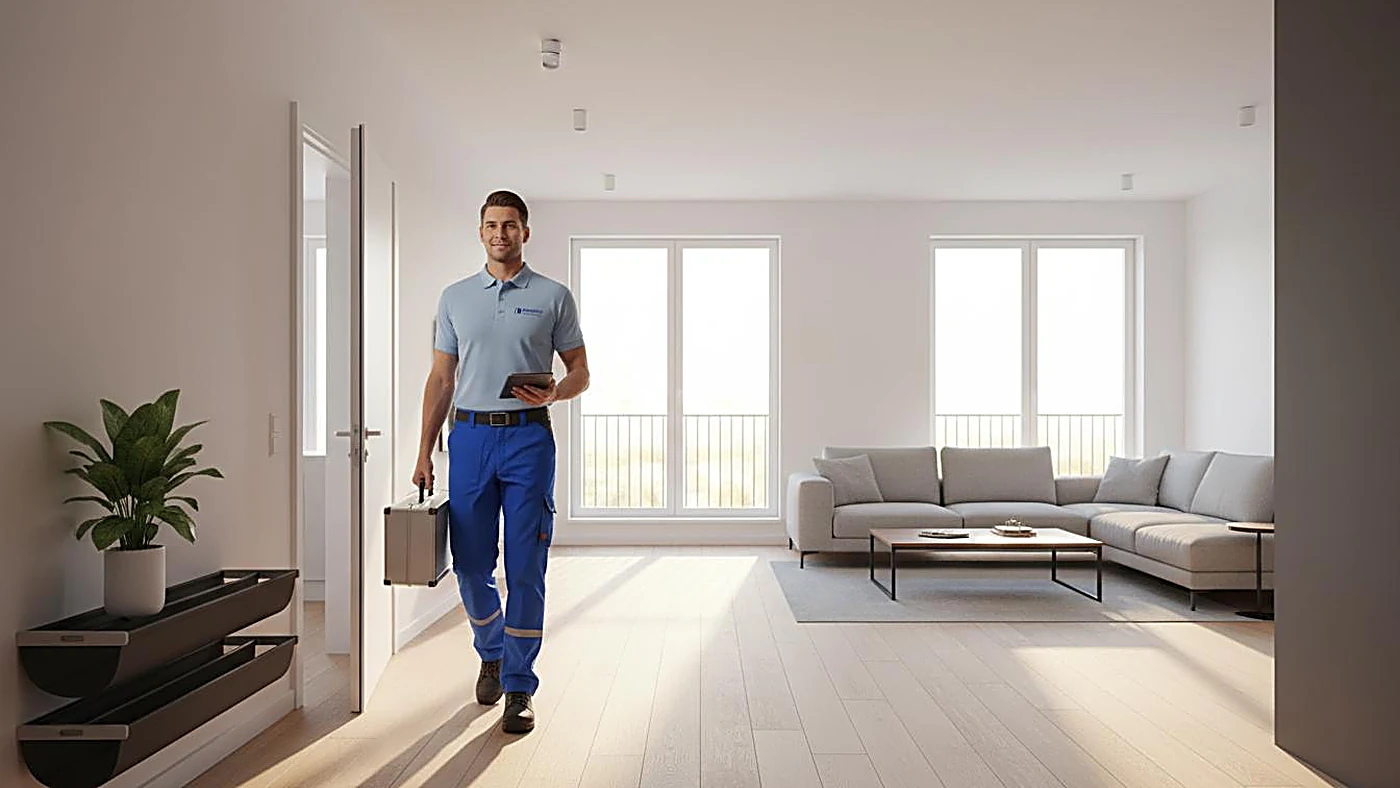 A maintenance technician arriving to service a clean apartment